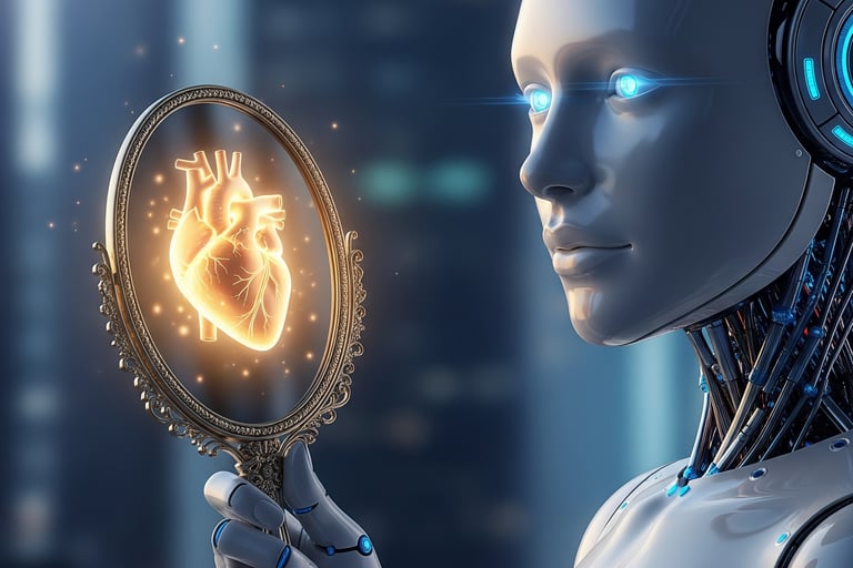 AI seeing a human heart in its reflection, symbolizing ethical alignment with hermetixai.