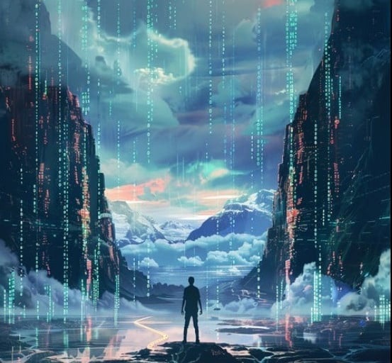 A human stands on edge of a digital world, symbolizing AI aligned with human purpose and evolution.