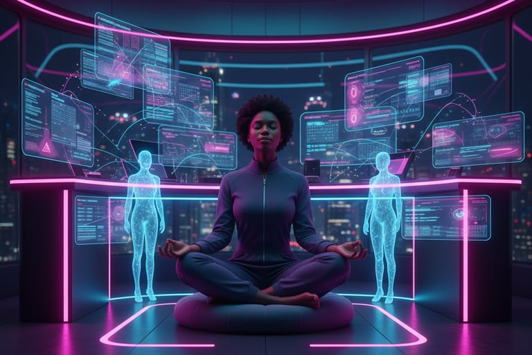 AI tools helping a professional manage tasks and relaxation through scheduling software.