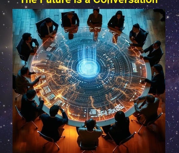 Humans and AI collaborating around a glowing table, symbolizing ethical and visionary intelligence.