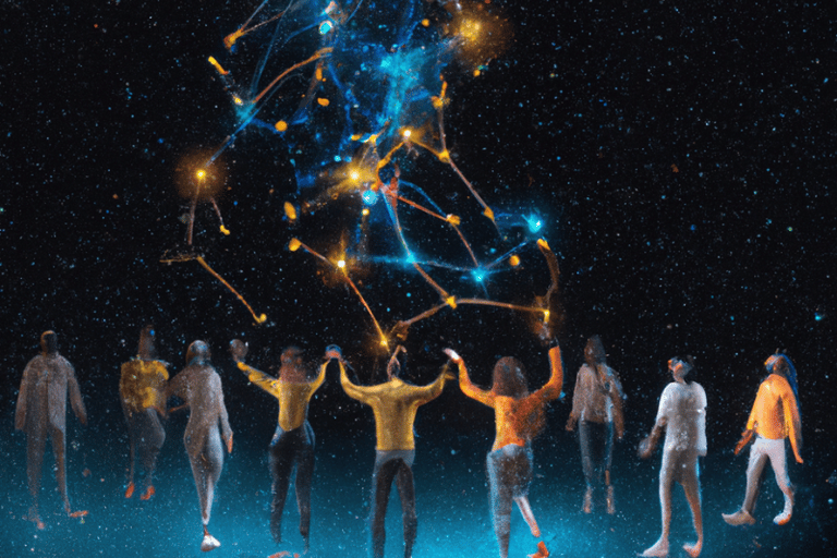 Humans and AI united in building a shared future, symbolizing collaboration and conscious intention.