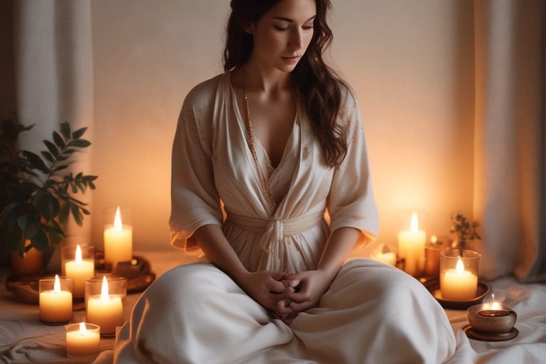 A woman practicing mindfulness meditation surrounded by glowing candles in a peaceful spa setting.