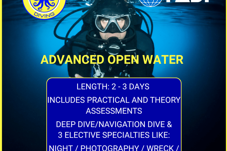 PADI Advanced Open Water certification in Gili Trawangan: choose from Deep, Navigation, Night, Photography, Wreck, Fish ID.