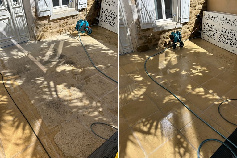 Nettoyage de terrasse en carrelage, nettoyage haute pression, écologique, avant après