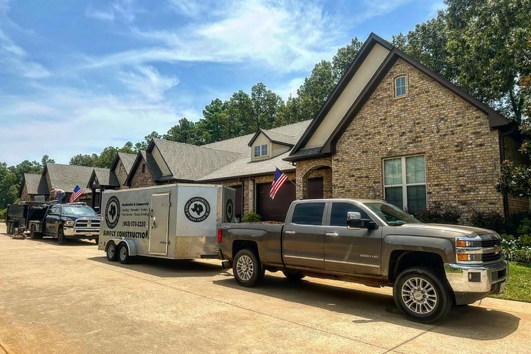 Trailer & work trucks after completion of a commercial roof replacement at a Tyler, TX condominium