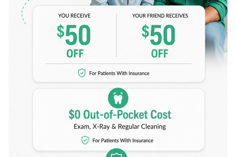 Smiling couple at a dental office with special offers for new patient exams and referral discounts.