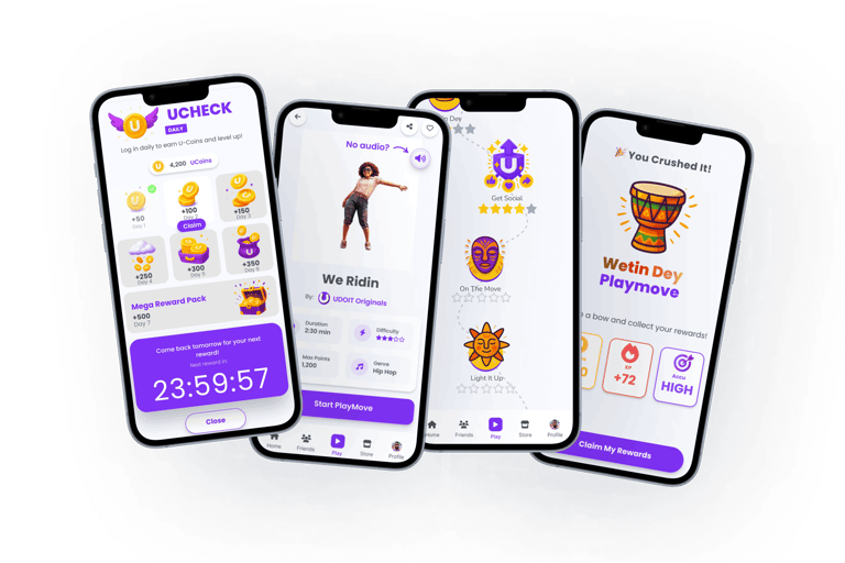 Promotional image showing multiple UDOIT app screens with rewards, PlayMoves, & progress tracking.