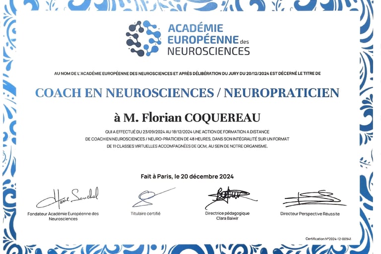 Diplôme de l'Académie Européenne des Neurosciences - Certification de Florian Coquereau