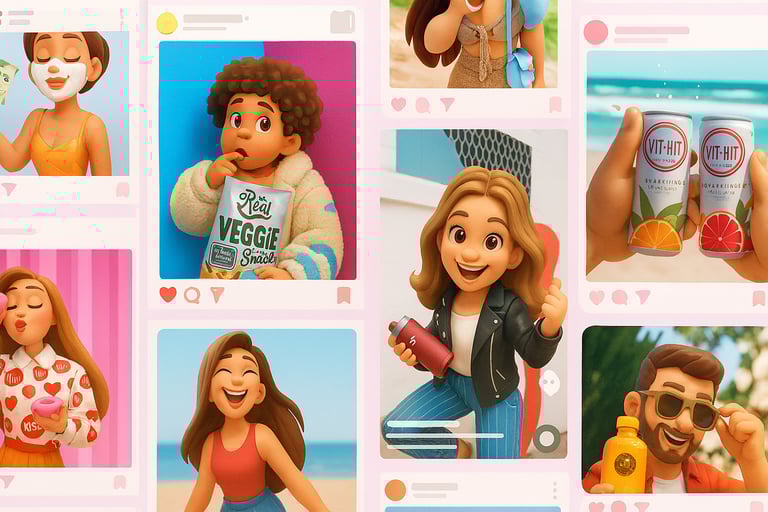 A collage of 3D cartoon-style characters in Instagram-style frames, each promoting various lifestyle
