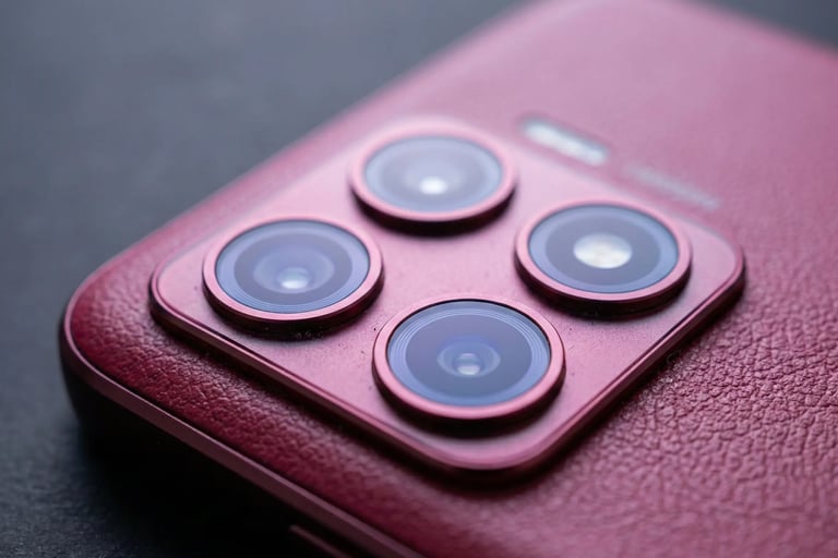 Módulo de câmeras do Moto G86 e textura de couro.