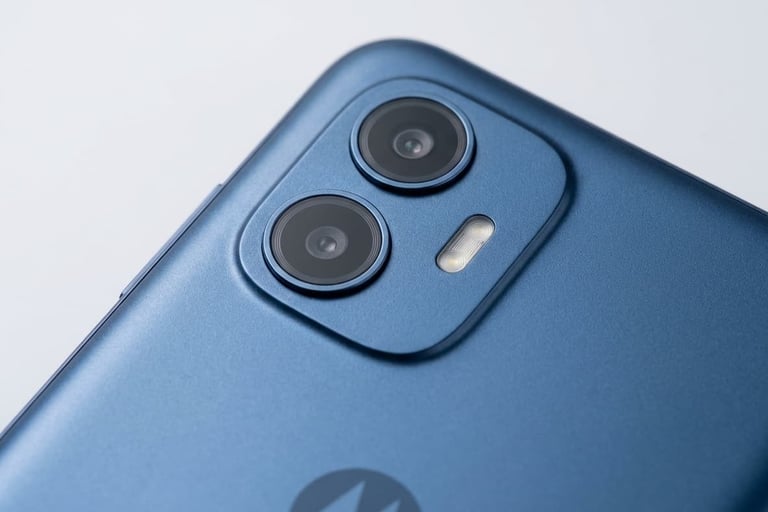 Detalhe das câmeras traseiras e textura do Moto G06 azul.