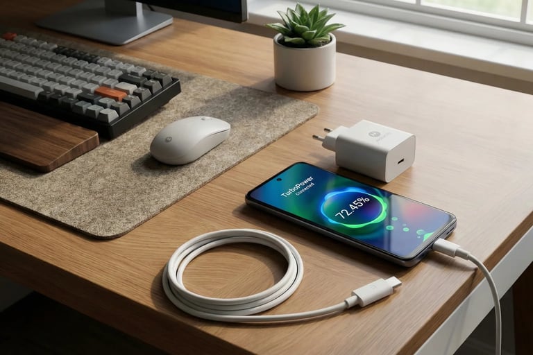 Moto G86 carregando com TurboPower 68W.