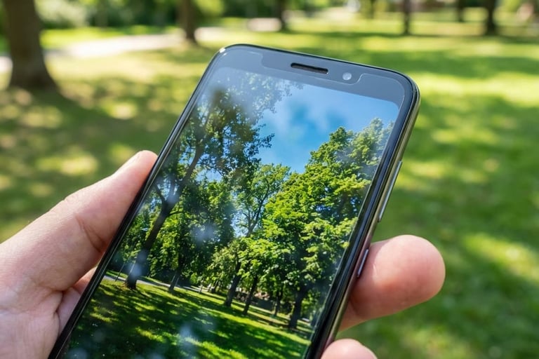 Tela do Moto G06 em uso externo sob luz natural.