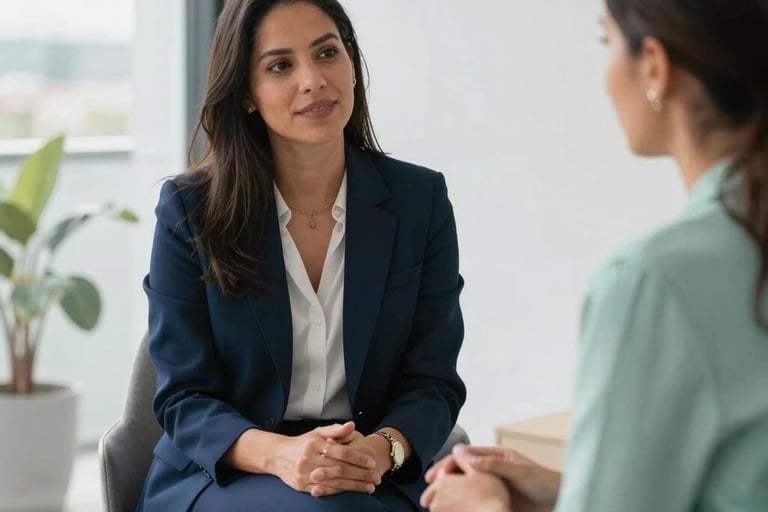 Professional corporate lifestyle photography of a supportive Brazilian psychologist speaking with an employee in a modern, light-filled office. Natural daylight, clean minimalist setting with accents of dark blue and mint green. Empathetic and professional vibe.