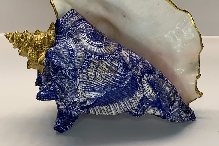 Coastal Decor. Conch with blue and white seashell patterns and gold trimmed. 