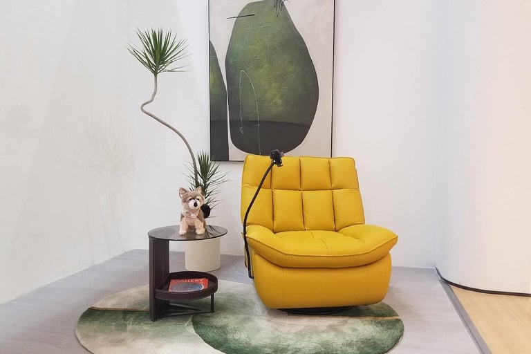 a yellow chair with a plant in the middle of it