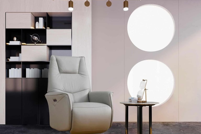 a chair with a table and a lamp