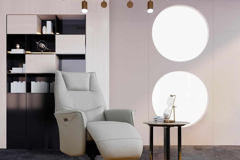 a reclining chair with a table and a lamp