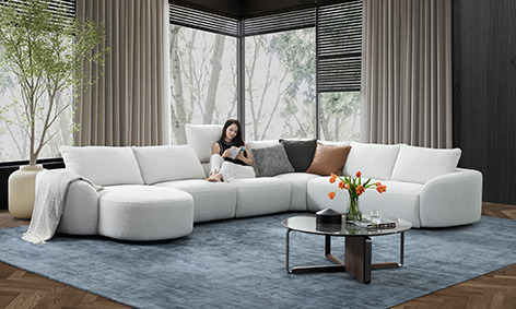 a woman sitting on a couch in a living room