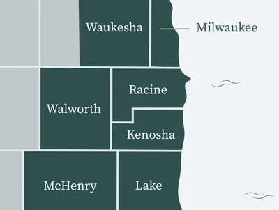 service area map showing Milwaukee, Waukesha, Racine, Kenosha, Walworth, Lake, and McHenry counties – Rise Up Window Covering