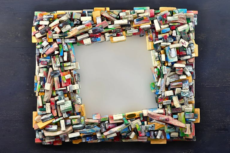 Nobler Spiegel mit kunstvollem Rahmen aus vielen, bunt bemalten Holzscheiten