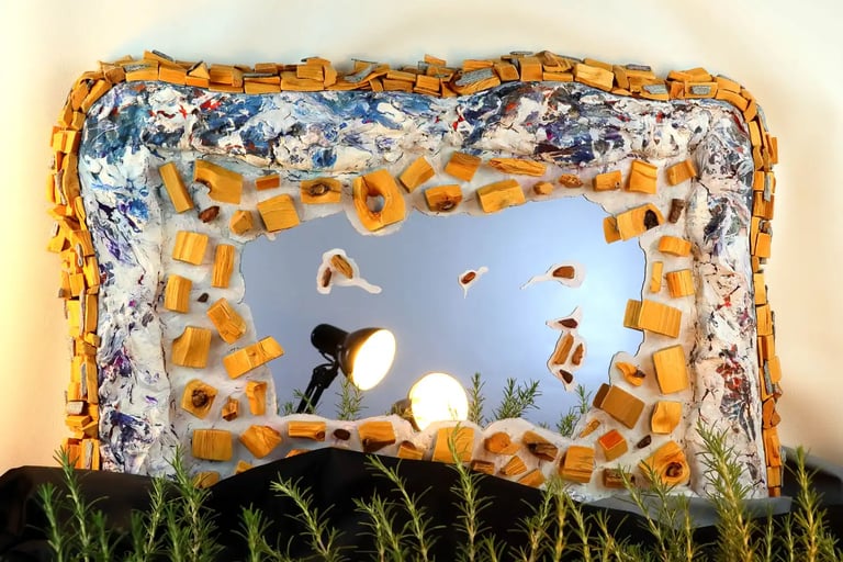 Aufwendiges Spiegel-Unikat mit stark strukturiertem, kombinierten Rahmen aus Gips und naturbelassenen Holzscheiten.