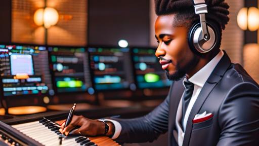 a man in a suit and headphones is playing music on a keyboard