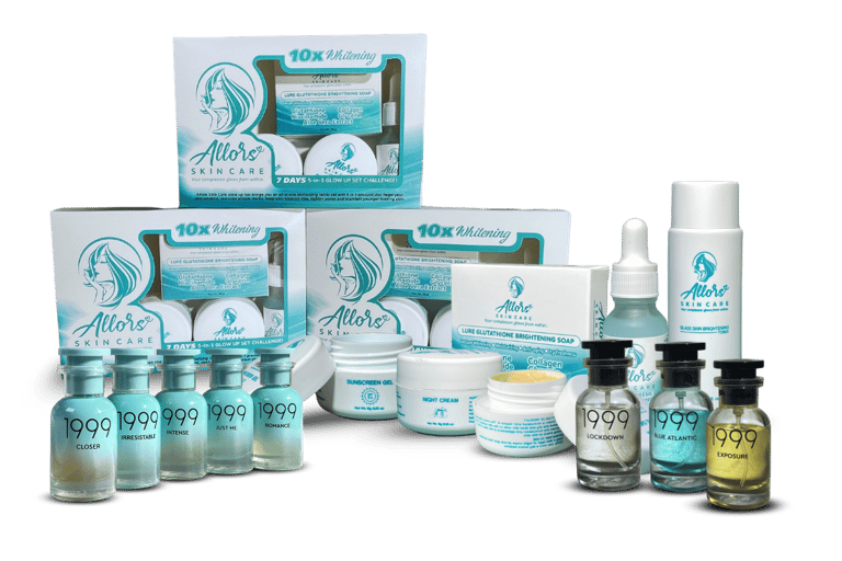 Collection of Allors Skin Care products and Eau de Parfum bottles with brightening soaps, creams, and serums