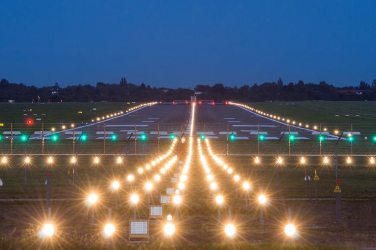 a runway at night with a runway and traffic lights