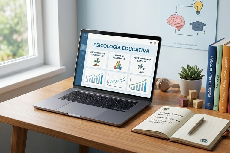 Portátil mostrando plataforma de psicología educativa, libros de texto, libreta abierta y planta sobre mesa de madera.