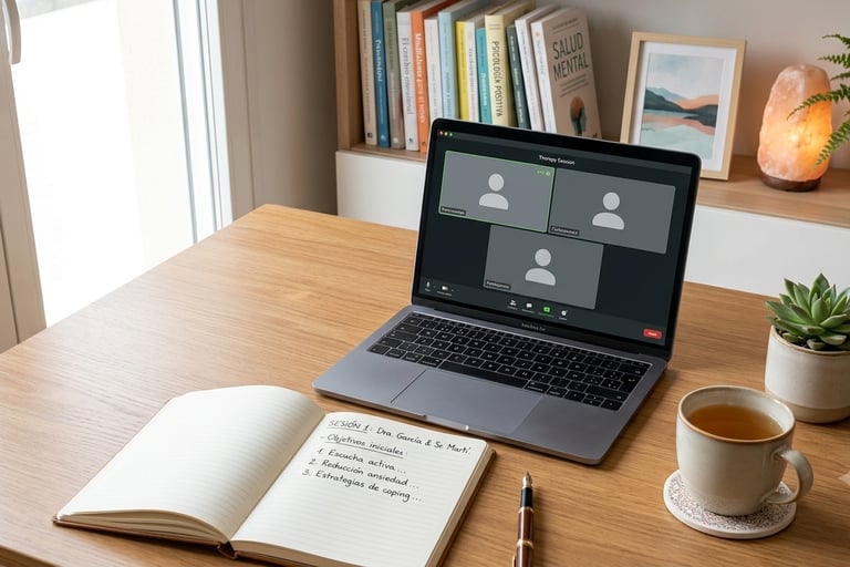 Mesa de consulta de psicología online con portátil, libreta de notas abierta, taza de té y libros al fondo