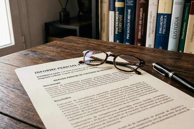Un informe pericial sobre custodia de menores, gafas de lectura y una pluma sobre un escritorio de madera