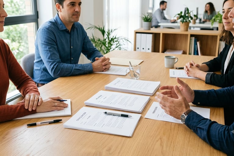Reunión de mediación con documentos sobre una mesa de madera y personas dialogando en un ambiente ordenado y neutral.