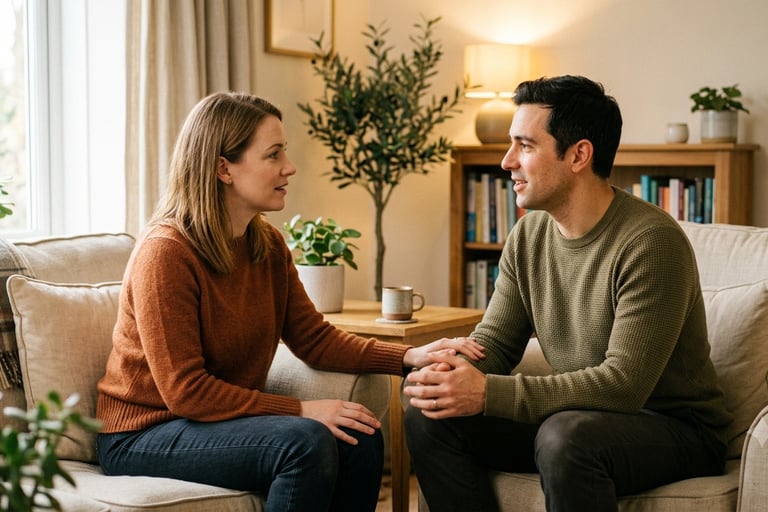 Pareja hablando en un sofá con actitud comprensiva y tomándose de las manos en un entorno cálido de terapia.