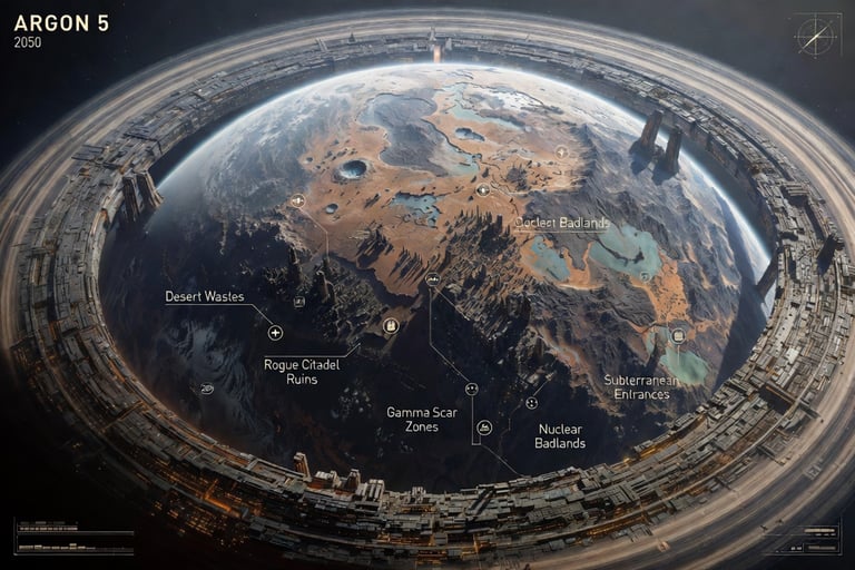 Futuristic sci-fi map of Argon 5 planet with space station ring, desert wastes, and citadel ruins.
