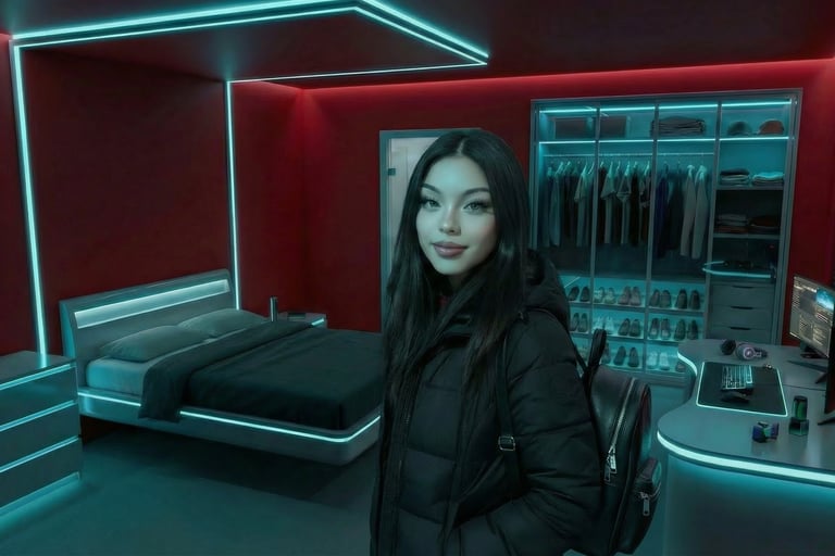 A woman in a modern bedroom with neon cyan LED lights, red walls, and a gaming desk.