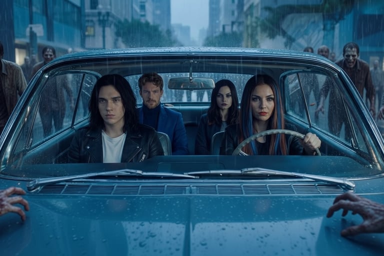 A group of survivors in a vintage car surrounded by zombies during a rainy apocalypse scene.