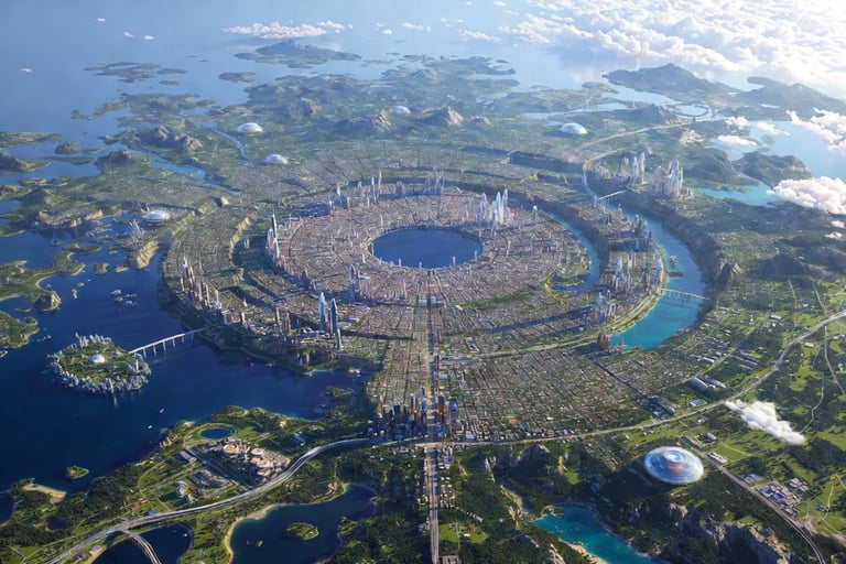 Aerial view of a circular futuristic city with sustainable architecture built around a central lake and islands.
