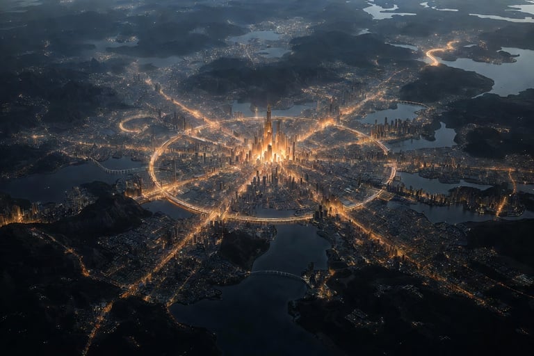 Aerial view of a glowing futuristic circular city at night with illuminated skyscrapers and radial bridges.