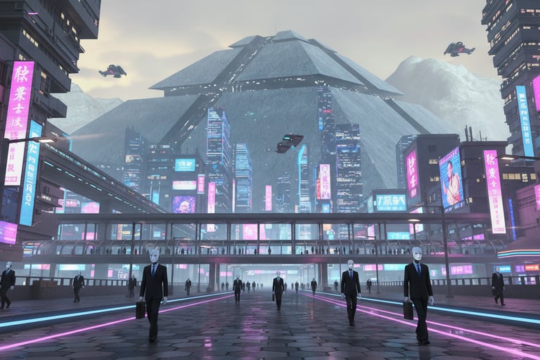Futuristic cyberpunk city with neon signs and businessmen in white masks walking past a pyramid megastructure.