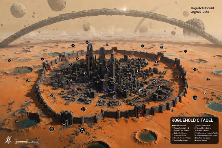 Aerial view of Roguehold Citadel, a futuristic walled sci-fi city on a desert planet with orbital rings.