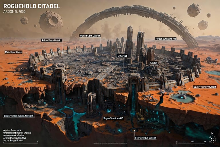 Concept art of Roguehold Citadel on Mars showing a futuristic sci-fi colony with subterranean tunnels and a massive ring.