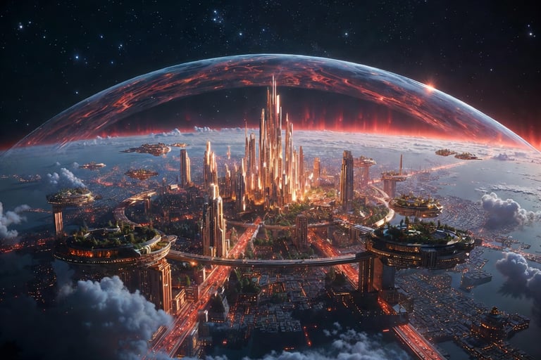 A futuristic glowing metropolis with golden skyscrapers protected by a giant energy dome in space.
