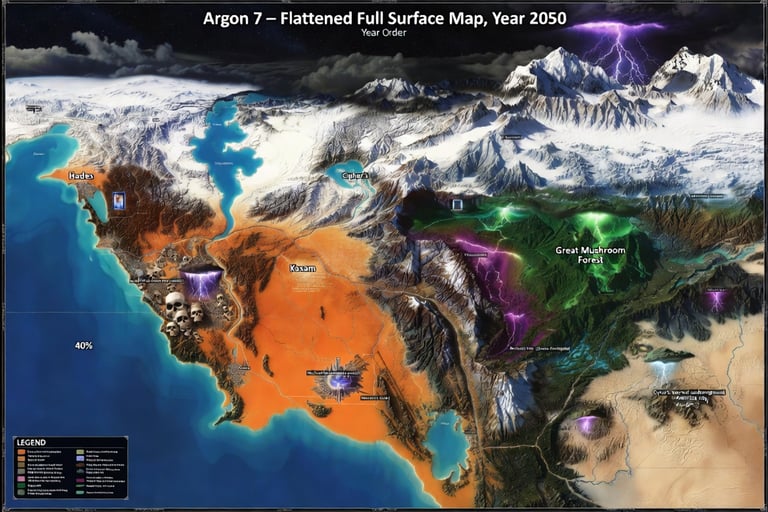A detailed 2050 fantasy map of Argon 7 featuring snowy mountains, desert regions, and a Great Mushroom Forest.