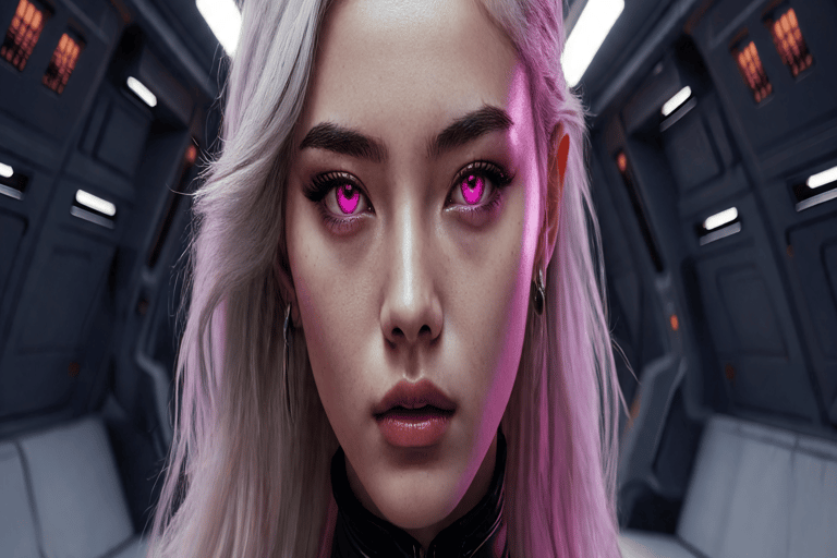 Futuristic sci-fi portrait of a white-haired woman with glowing pink eyes on a spaceship.