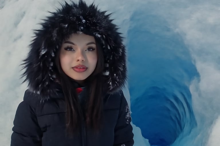 A woman in a black fur hood parka stands in front of a blue ice cave on a winter glacier.