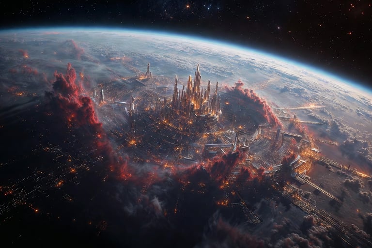 A glowing futuristic city on Earth viewed from space with red clouds and city lights.