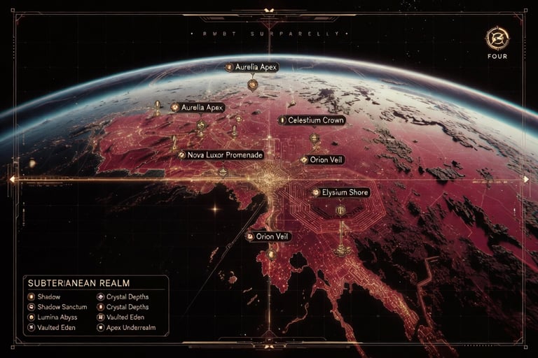 Digital holographic planet map showing locations like Orion Veil and Elysium Shore in the Subterranean Realm.
