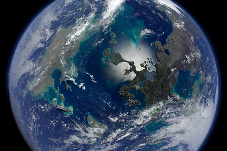 A high-resolution satellite view of Real Earth showing continents, blue oceans, and white clouds.