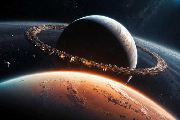 A futuristic space station ring orbiting two detailed planets in a vast, dark galaxy.